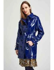 Womens Blue Shinny trench Jacket Waterproof Shinny Long Coat - Picture 1 of 3