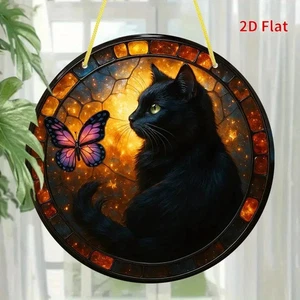 Black Cat Butterfly Vibrant Suncatcher Stained Glass Effect Hanging Decor Gift - Picture 1 of 3