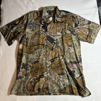 Camisa Sorpresa De Colección Para Hombre M Marrón Seda Negra Patrón Abstracto Abotonada Años 90 Foto 1 de 4