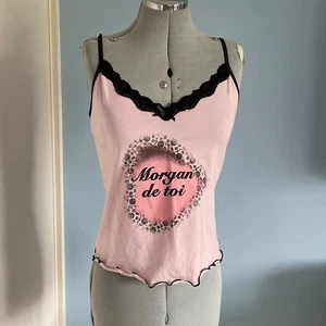 Morgan De Toi Y2k 00s Cami Camisole Top Logo Pink Black Lettuce Hem NWT S/M - Picture 1 of 7