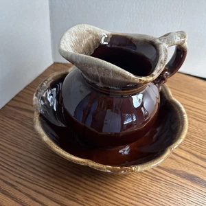Vintage McCoy Pitcher and Bowl Set Brown Glaze Drip Pottery 7528 - Picture 1 of 10