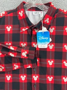 DISNEY Mickey Mouse Holiday Christmas Plaid Button Shirt Men Medium Stretch NWT - Picture 1 of 19