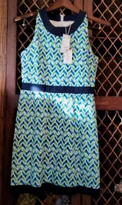 NWT NOS Julie Brown Mod Geometric Career Dress M Sleeveless Blue Green White Med - Picture 1 of 10