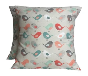 2 x Fryetts Birds Coral Blue Grey Cushion Covers 16” 18” 20” 22” - Picture 1 of 2