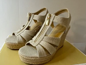 Women's MICHAEL KORS Berkley Wedge Canvas Shoe Cream Canvas Sz 9M New - Picture 1 of 14