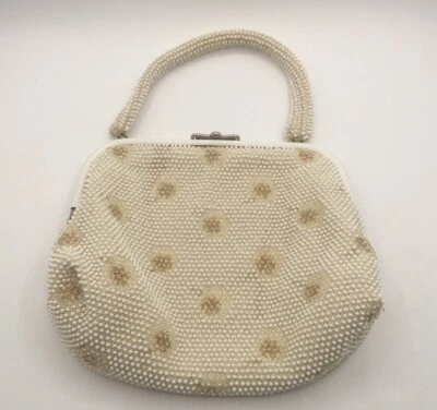 Vtg Corde White Beaded Lumured Purse,Embroidered Gold Snowflake Metal Clasp EUC - Image 1 of 4