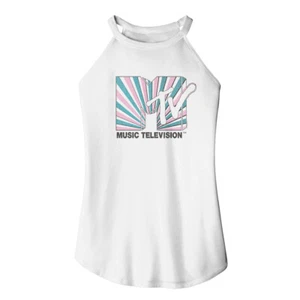 MTV Colorful Striped Logo Ladies White Rocker Tank Top - Picture 1 of 7
