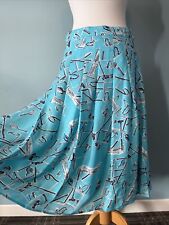 Paul Costelloe 100% Silk Turquoise Pleated Skirt UK 16 tennis sport racket print
