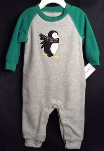 NWT Infant Boys Carter's 1pc Fleece Outfit 6m Ski Penguin Gray/green Jumper NEW - Picture 1 of 5