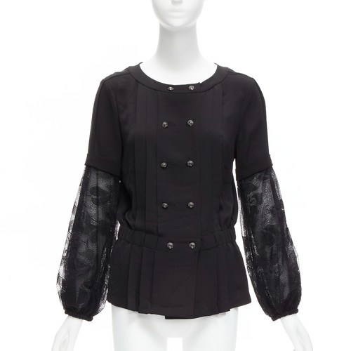 Camicia giacca plissettata maniche pizzo floreale nero seta CHANEL 13P FR36 S