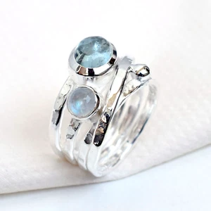 Natürlicher Aquamarin & Mondon Ring 925 Sterling Silber Handarbeit Ringe - HR216 - Bild 1 von 3