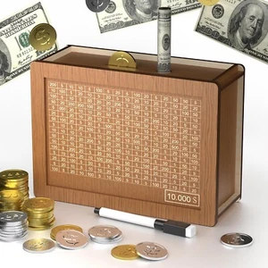 10000 Savings Challenge Box, Cash Vault Wooden Saving Box, Brown - Picture 1 of 6