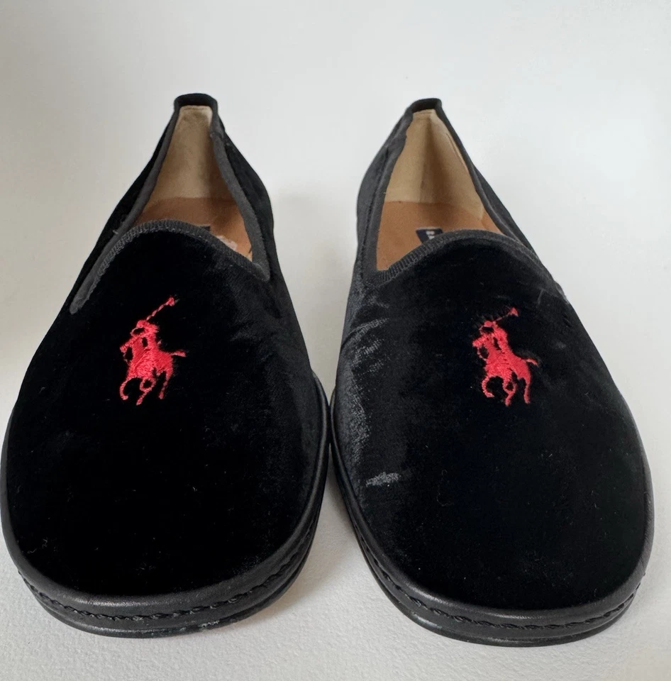 Polo Ralph Lauren Negro Terciopelo Mocasines Pisos Vacaciones Mujer’s 6B Rojo Poni Logo Foto 1 de 4
