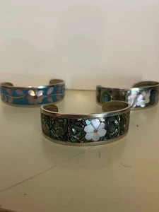 Vintage 3 Mexico Alpaca Stamped Abalone Bracelets - Picture 1 of 4