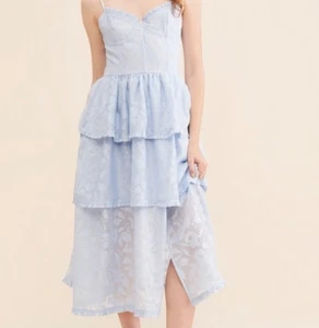 4SI3NNA Campbell Lace Tiered Midi Dress Size Small Light Blue - Picture 1 of 9