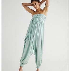 Free People Beach Just Like That Jumpsuit Smocked Harem Pant Strapless Wrap XS/S - Picture 1 of 12