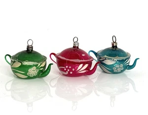 Vintage Quecksilber Glas Teekanne Weihnachtsschmuck Lot 3 Polen 2,5" handbemalt - Bild 1 von 3