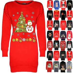 Womens Christmas Fleece Ladies Snowman Tree Xmas Sweatshirt Mini Jumper Dress - Picture 1 of 59