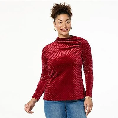 DG2 by Diane Gilman Asymmetric Long-Sleeve Velvet Top Shirt Cranberry XS New - Image 1 of 2