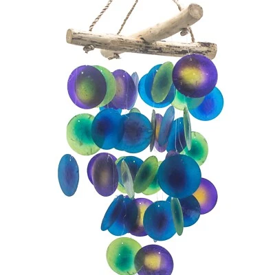 Green Purple Multi Capiz Shell Glass & Driftwood Windchimes - Garden Wind Chimes - Image 1 of 3