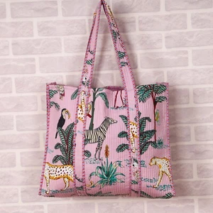 Beuteltasche Dschungelmuster rosa Farbe Baumwolle gesteppt Einkaufstasche Hippie Markt Tragetasche - Bild 1 von 5