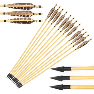 6/12pcs Archery Wooden Hunting 32" Arrows with Metal Arrowhead Archery Feathers - Picture 1 of 12