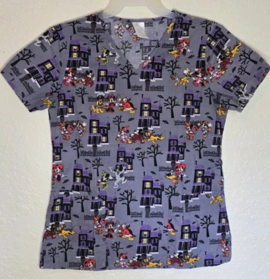 Disney Haunted House Scrub Top Mickey, Minnie, Pluto, Goofy Halloween Size Small - Image 1 of 4