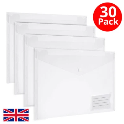 30 A4 PLASTIC DOCUMENT WALLETS Clear Folders STUD CLOSE Popper Envelope AVARTEK