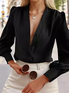 Women's Casual Tops Long Sleeve Silk Button Down Shirts V Neck Chiffon Blouses - Picture 1 of 11