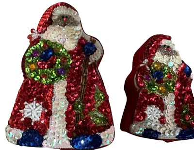 VTG Lot of 2 Nesting Black Santa Gift Boxes Satin Sequins Embellished Trinkets - Image 1 of 4