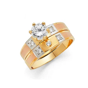 14k Tri Tone Real Gold CZ Solitaire Wedding Trio Set Ring Band Mens Womens - Picture 1 of 2