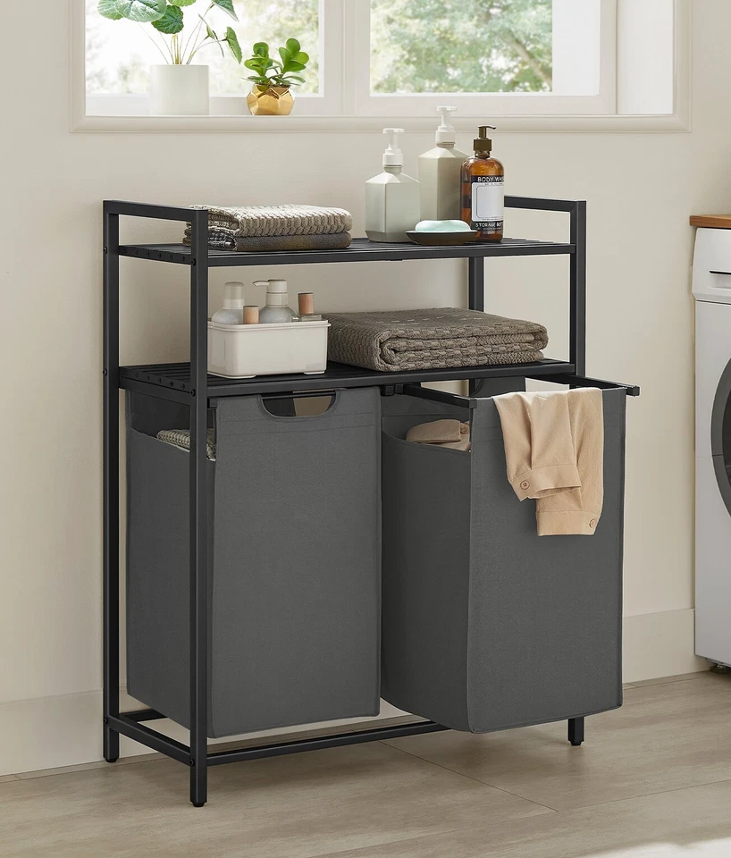 VASAGLE Wäschekorb 2 Fächer 2 Ablagen einfach abnehmbar 2 x 46 L Schwarz-Grau - Bild 1 von 1