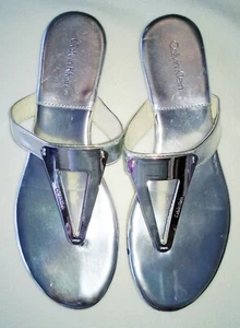 Calvin Klein Womens Silver Chrome Flip Flop Style Sandals Size 6M  - Picture 1 of 12