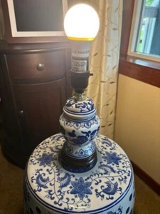VINTAGE~ ORIENTAL BLUE & WHITE PORCELAIN FLORAL HEART ROUND TABLE LAMP W/ BASE - Picture 1 of 8