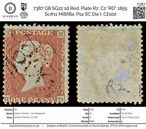 7387 GB SG22 1d Red. Plate R2. C2 "RD" 1855. Sc#11 Mi8IIBa. P14 SC Die I. C£100 - Picture 1 of 4