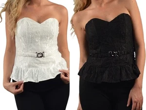 Gebeint gesmoktes Reißverschluss hinten Herzausschnitt trägerloses Korsett Bustier Schößchen Top mit Gürtel - Bild 1 von 7