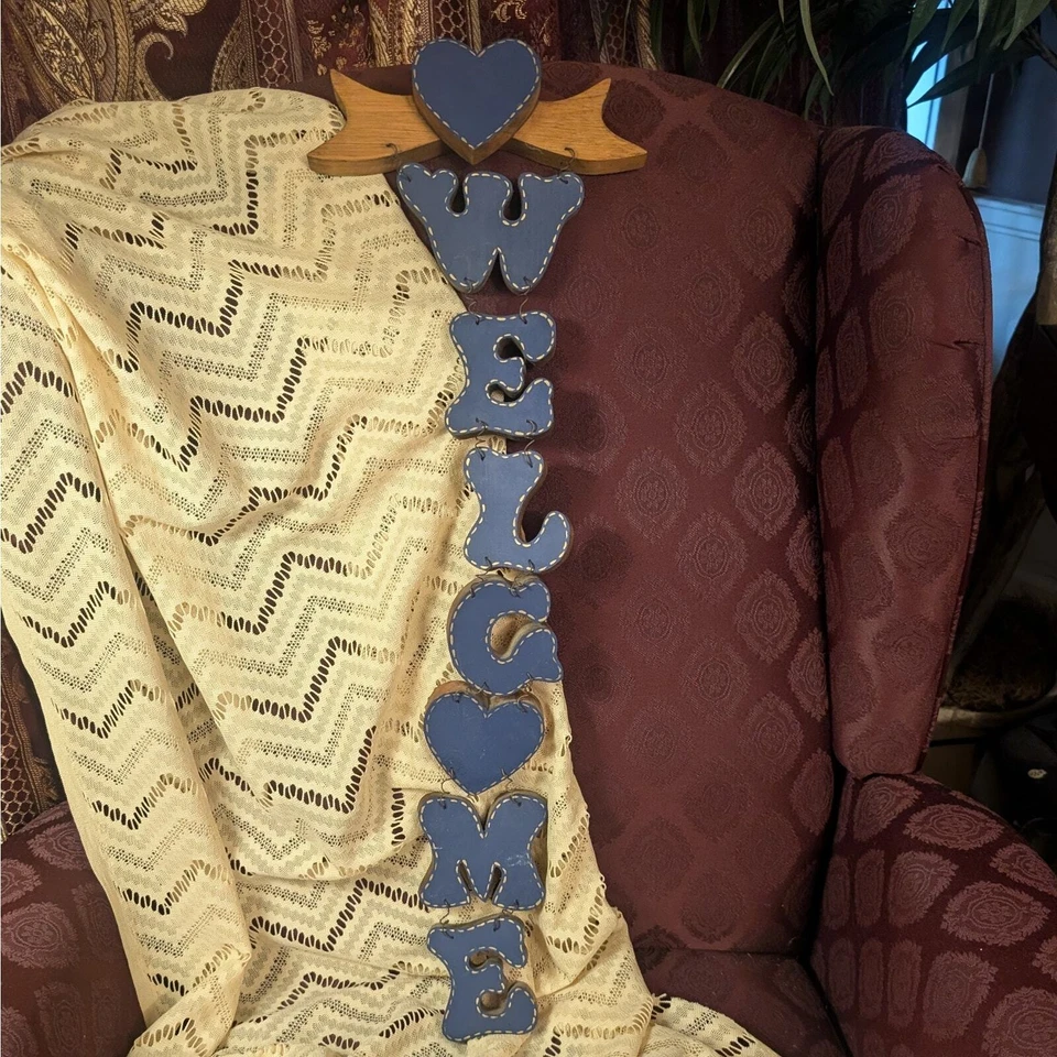 Wooden Blue Country Vintage Stitched Heart & Bow Welcome Hanging Wall Door Sign - Image 1 of 4