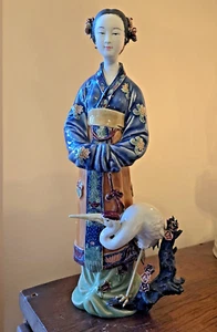 Shiwan Tall Figurine Asian Woman w/ Crane Porcelain Statue 14" Perfect Wuhai - Picture 1 of 12