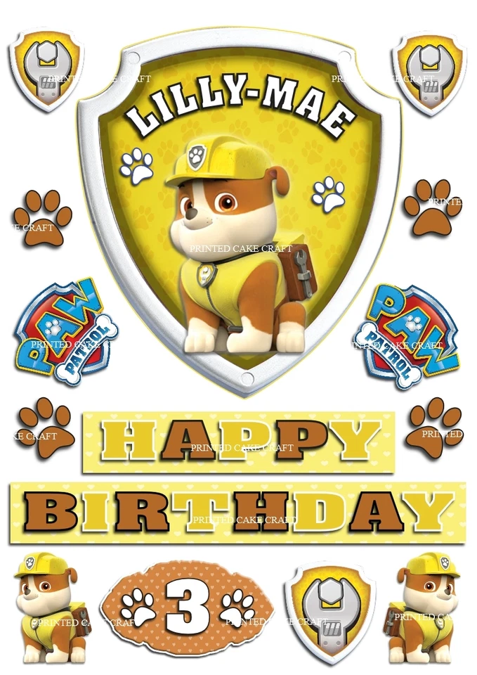 EDIBLE PERSONALISED PAW PATROL BADGE RUBBLE ICING CAKE TOPPER HAPPY BIRTHDAY