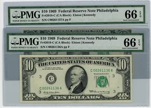 Fr. 2018-C $10 1969 2 Consec. Federal Reserve Note 66 EPQ PMG dc-2513 - Picture 1 of 2