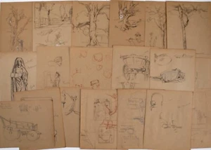 Elijah Albert Cox (1876–1955) 19 x Graphite sketches, trees, people, carts.. - Picture 1 of 5