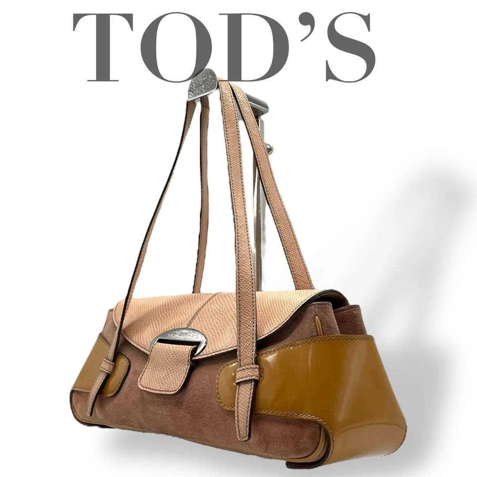 TOD'S Rare Shoulder Bag Small Logo Suede Leather Brown Women's USED FROM JAPAN - Image 1 of 4