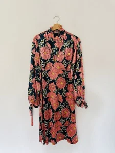 Zara Dress Medium Pink Navy Blue Floral Velvet Balloon Sleeve Oversized - Picture 1 of 8