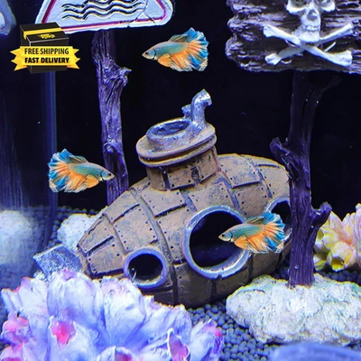 Adornos submarinos de acuario decoraciones de naufragios, peces submarinos huecos de resina Foto 1 de 4