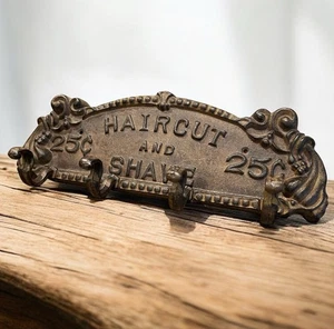 Rustic Cast Iron Barber Shop HAIR CUT AND SHAVE 25 Wall Mounted 4 Hook Holder - Picture 1 of 12