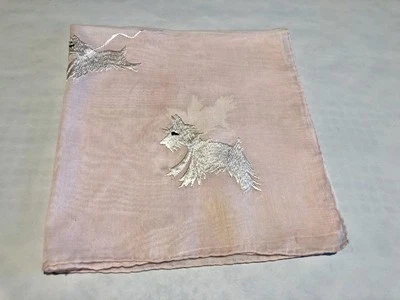 Vintage 1930's-40's Hankie Handkerchief of Running Sealyham Scotty Dogs on Pink - Image 1 of 4