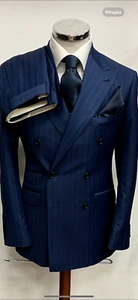 Blue thin pinstripe super 150 Cerruti wool double breasted suit/ticket pocket - Picture 1 of 3