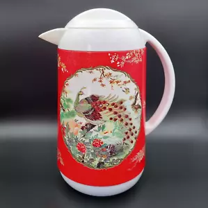 Brocca fiaschetta thermos vintage pavone rosso e bianco retrò isolata, vetro anni 80 - Foto 1 di 22