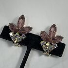Vtg Estate Pink Glass Rhinestone Flower Clip Earrings Aurora Borealis Marquis