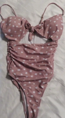 NWOT pink polka dot one piece cut out bikini swim suit size S (removable pads) - Image 1 of 3